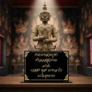 ป้ายถาคาบูชา ฐานตั้งสีดำ ตัวอักษรเหลืองทอง
